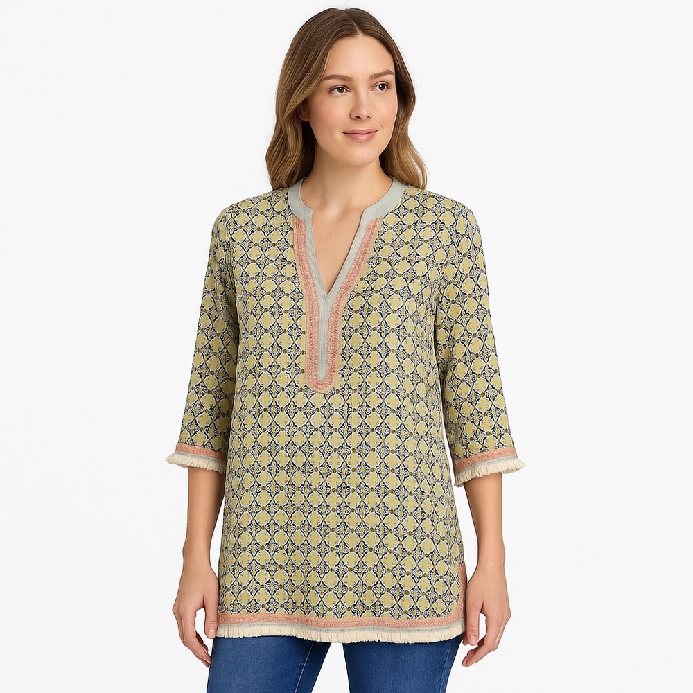 Ark & Co Geometric Boho Tunic Top Fringe Hem 3/4 Sleeve Pink Trim Size S